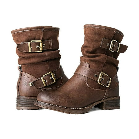 

Egmy Women S Winter Knight Belt Buckle with Spliced Side Zipper Low Heeled Boots Brown 43