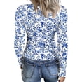 thumbnail image 4 of Ribbed Knit Tops for Women Long Sleeve Crewneck Slim Fitted Floral Print Basic Tee Blouses, 4 of 5