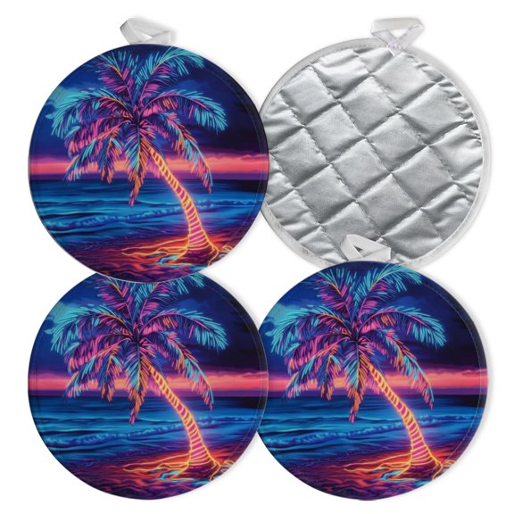 4 PCS Pot Holders for Kitchen,Potholders Sets with Hook for Oven,Cooking,Baking,Neon - Lit Palm Tree On Beach