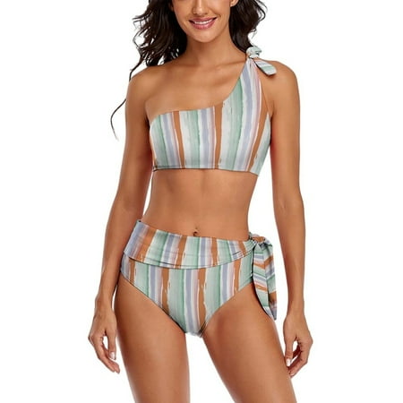 Minimalist Stripes Orange And Green One Shoulder Bowknot Swimsuit Two Piece Swimsuit Knot Crop Top Bikini High Waisted Bathing Suit