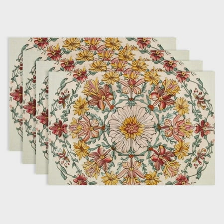 

Fenyluxe Flowers Circular Design Linen Cloth Placemats Set of 4 for Birthday Parties Christmas Restaurants Buffets Home Decoration 18x12in