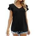 thumbnail image 4 of Mengpipi Womens Tops Summer Double Ruffle Short Sleeve V-Neck Casual Blouses, Black-M(US 8-10), 4 of 6
