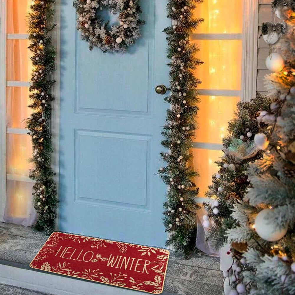 Hello Winter Door Mat Welcome Doormat, Winter Christmas Red Outdoor Rug Leaves Decor Floor Front Door Mat Non-Slip Entrance Mat for Home Kitchen Bathroom Decorations 17 X 30 Inch