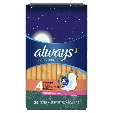 Always Ultra Thin, Size 4, Overnight Pads With Wings, Scented, 24 Count
