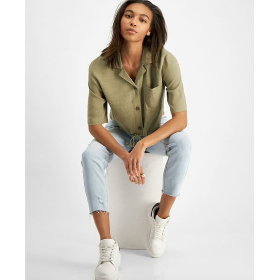 Now This Womens Tie Hem Cropped Shirt Olive L