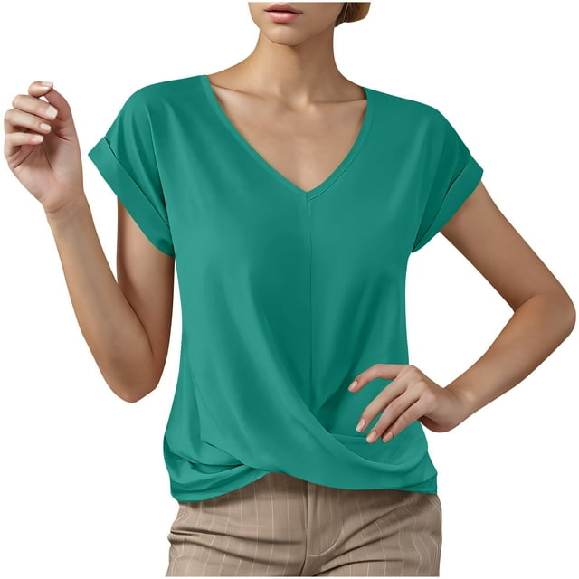 Summer T Shirts for Women V-Neck Short Sleeve Casual Tops Solid Color Basic Tees