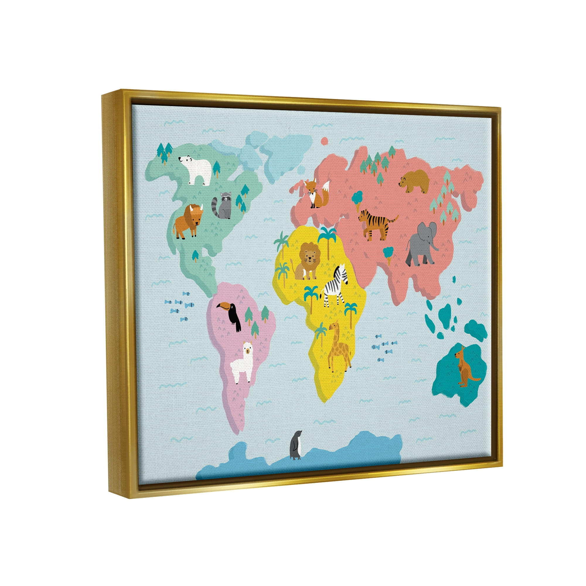 Stupell Industries Whimsical Wildlife World Map Travel & Places Painting Gold Floater Framed Canvas Art Print Wall Art, 31 x 25