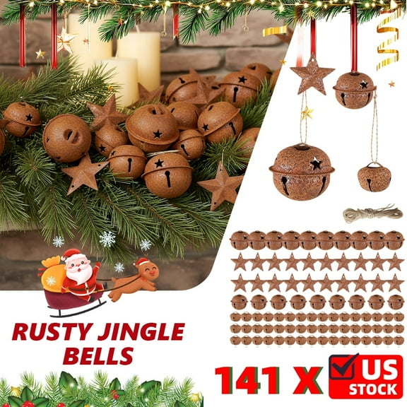 141 Pcs Rustic Christmas Bell Set with 16.4 ft Rope, Rusty Vintage Style Hanging Ornament for Christmas Tree Home Decor DIY Craft