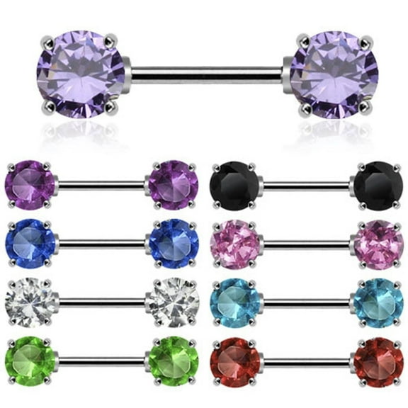 Pair of Double Round Gem Nipple Ring Barbells 14 Gauge - 1/2"