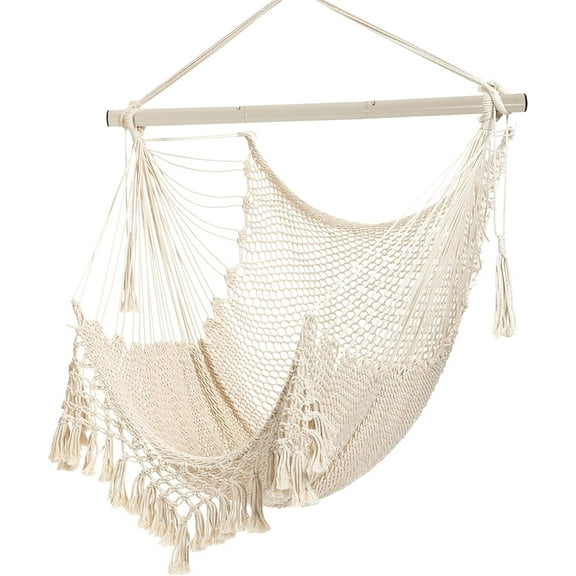 Hammock Chair, Max 330 lbs, Large Cotton Rope Swing with Metal Rod, Indoor Outdoor Use, Beige