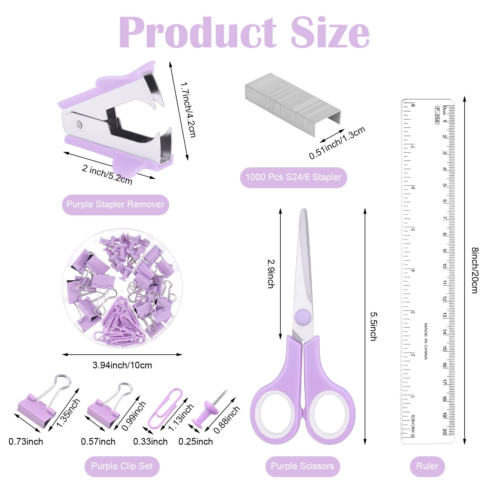 Aertyole Purple Mesh Desk Organizer and Accessories, Purple Office Supplies 7 Compartments Desk Organizer with Stapler, Tape Dispenser, 1000 Staples, Pen Holder, Staple Remover, Clips, Ruler, Scissor