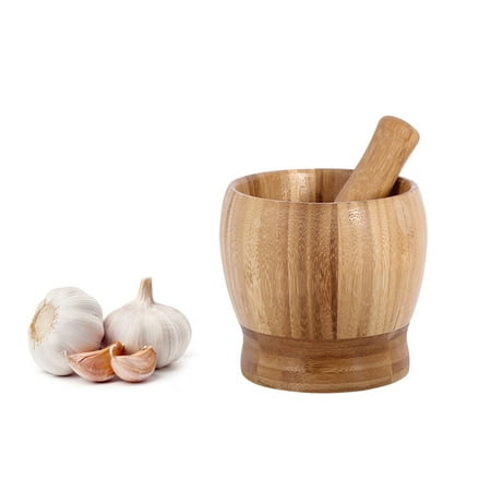

Mortar and Pestle Set Premium Bamboo Bowl Garlic Press Grinder Crusher