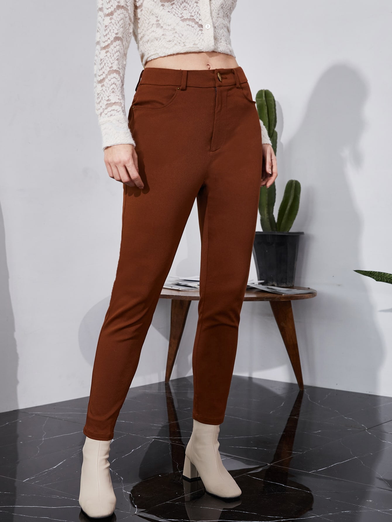 Casual Rust Brown Women's Slant Pockets 