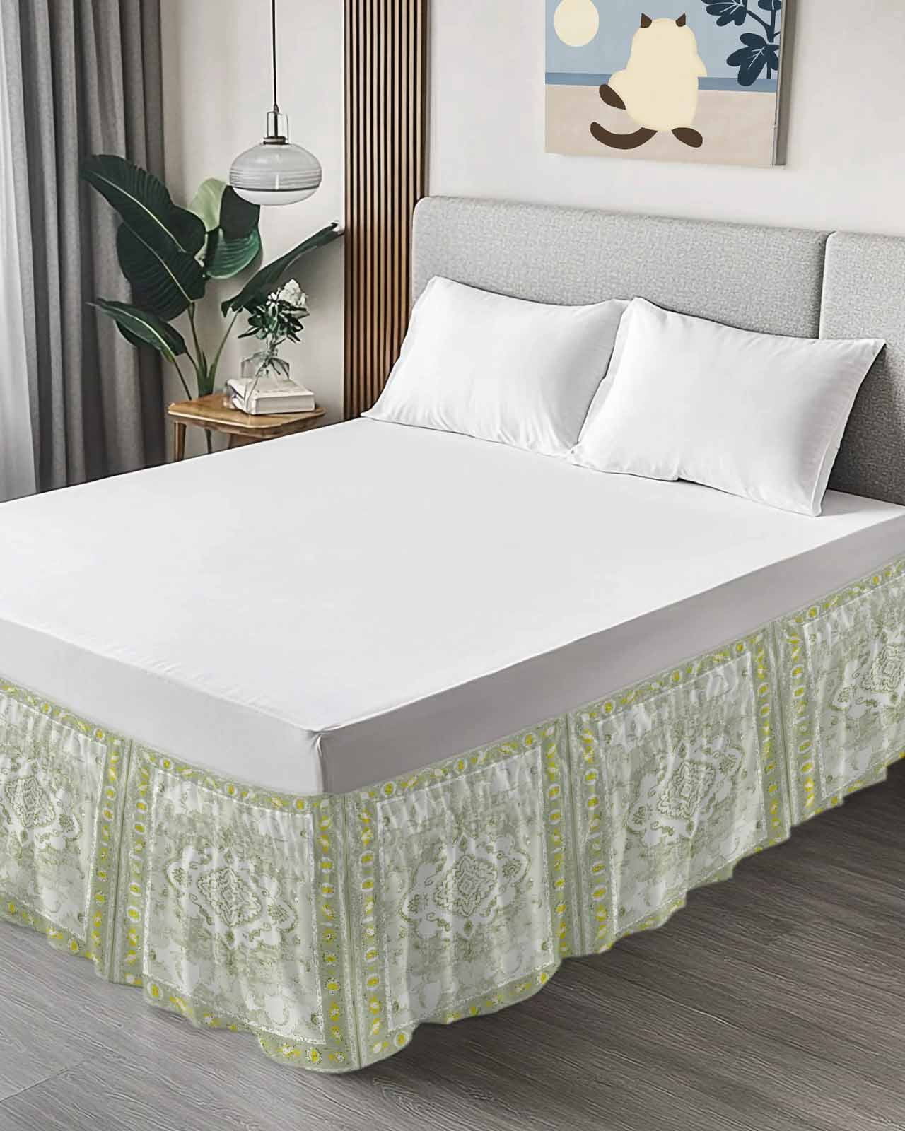 Sage Green Wrap Around Bed Skirts for Queen Bed 16" Drop,Bed Skirt with Adjustable Elastic Belt Dust Ruffle Bed Valance for Bedroom Hotel Boho Retro Decorative Abstract Floral Ethnic Bed Frame Cover
