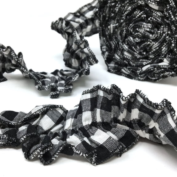 JCS White & Black Buffalo Ruffled Homespun Cotton Fabric Plaid Trim/Garland - 2 x 144 inches (12 feet)