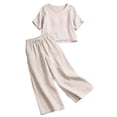 thumbnail image 4 of IWRICH 2 Piece Outfits for Women Half Sleeve Linen Sets Crew Neck Tops Wide Leg Pants Set Plus Size Summer Matching Suits White XL, 4 of 4