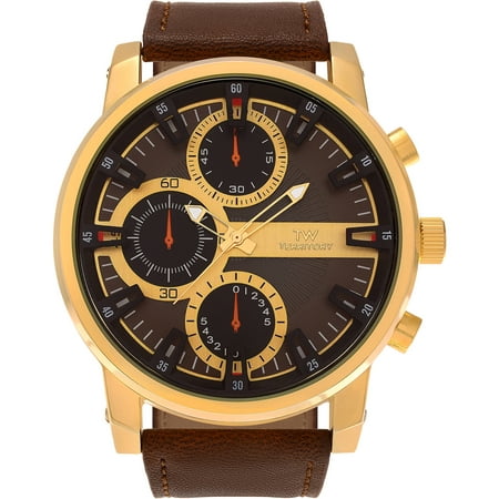 Territory Men's Faux Leather Large Round Case Strap Fashion Watch, Gold/Brown