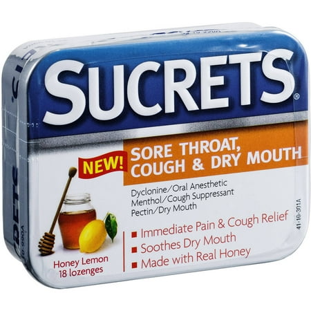 Sucrets Sore Throat, Cough & Dry Mouth Lozenges Honey Lemon, 18 CT (Pack of