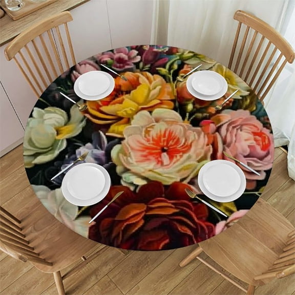 BANET Fitted Round Tablecloth Vintage Flowers, and Peony Colorful Table Cover,Elastic Edged Table Cloth Fits Round Tables 31"-35