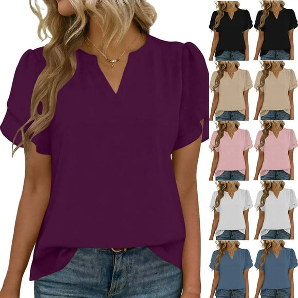 Women's Pleated Button Short Sleeve V Neck T-Shirt Top Blouse Solid Color Loose Fit Breathable Spring Summer Casual Fashion | CSEONE,Pink L