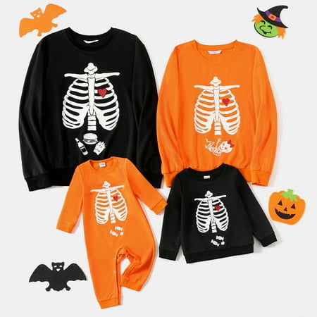 

PatPat Halloween Glow In The Dark Skeleton Print Long-sleeve Pullover Sweatshirts Family Matching Black Orange Halloween Costumes Adult T-shirt Tops Kids Shirts and Baby Footless Bodysuit Romper