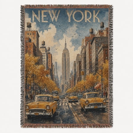 New York City Autumn Street Art Blue and Gold Woven Throw Blanket 100% Cotton with Fringed Edges Home Decor