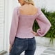 thumbnail image 4 of Blusa de gasa rosa para mujer, escote cuadrado, mangas largas, cintura estrecha y estilo moderno de color puro, talla M, 4 of 6