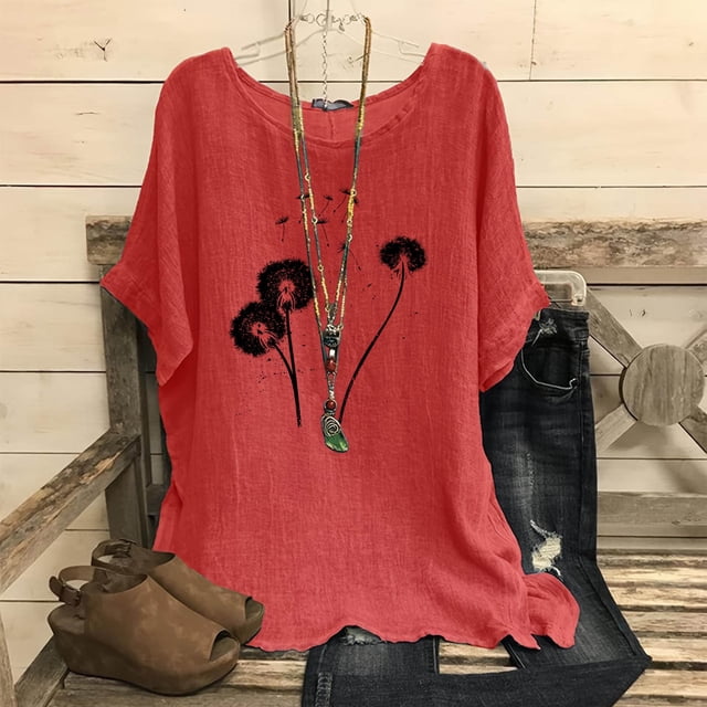 Qiopertar T-Shirts Imprimés Mode pour Femmes Col Rond Manches Courtes Raglan T-Shirt Ample en Coton Lin Blouses Grandes Économies de Vacances! Liquidation Moins de 5$ Livraison Gratuite