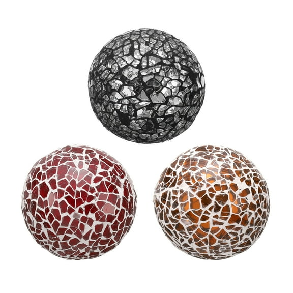 Uxcell 3Pcs Decorative Glass Balls 2.36 Inch Orbs Centerpiece Balls Mosaic Glass Ball Sphere for Decor Bowls Vases Dining Table Party, Silver Black, Red, Brown