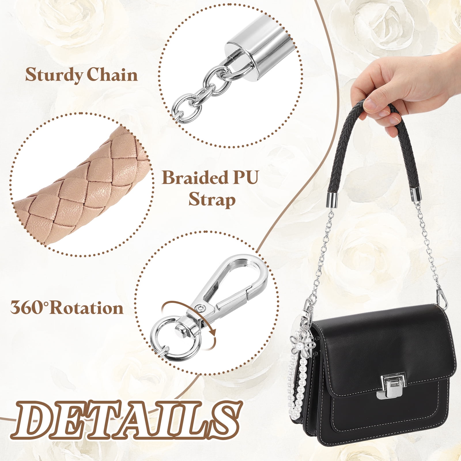 Uxcell 2 Pcs PU Leather Chain Purse Strap, 23.6 Inch Braided Purse Handles Replacement Strap with Pearl Pendant for Tote Bag Handbag Underarm Bag (Pink, Silver Chain)