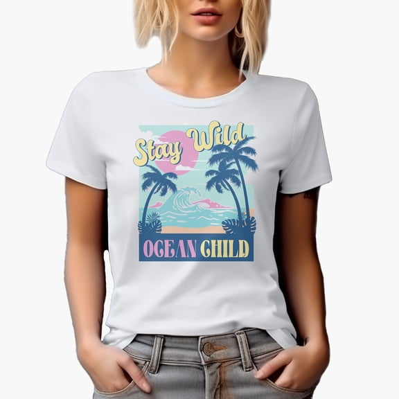 Stay Wild, Ocean Child with Retro Palm Trees & Sea Art Merch Gift, White T-Shirt, Small