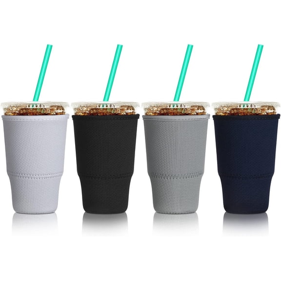4 count Iced Coffee Sleeve Cup Insulator for Cold Drinks Beverages and Holder for Coffee (30-32 oz Large, Solid Color Style)