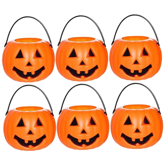 Plastic Pumpkins 6Pcs Halloween Pumpkin Bucket Devil Smile Pumpkin Candy Bucket Plastic Halloween Candy Holder with Handle Trick or Treats, Style 1