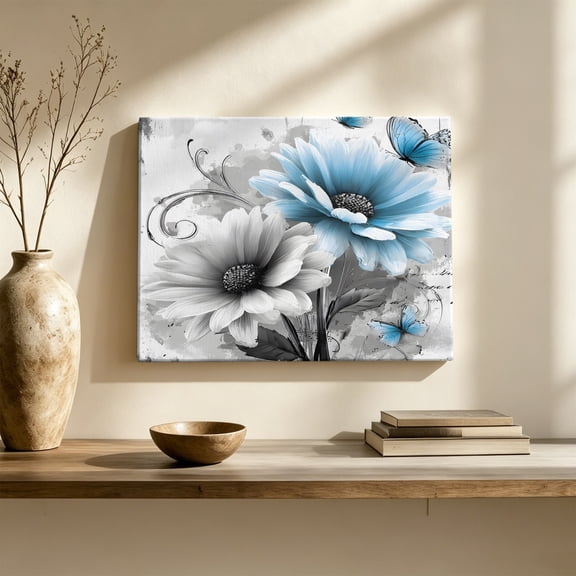 Gray Blue Daisy Butterfly Canvas Wall Art, Floral Botanical Watercolor Plant Wall Art Prints Artwork Framed Canvas Ready to Hang Art Pictures for Large Dining Living Room Hallway 36" x 24"