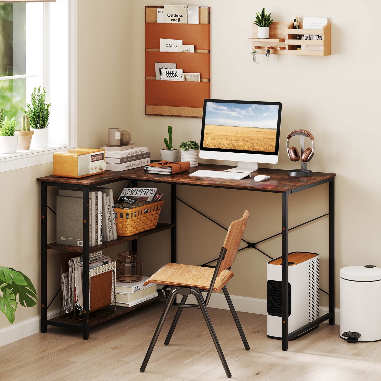 Costway L-Shaped Computer Desk with Power Outlets Adjustable shelf Heavy-Duty Metal Frame Brown
