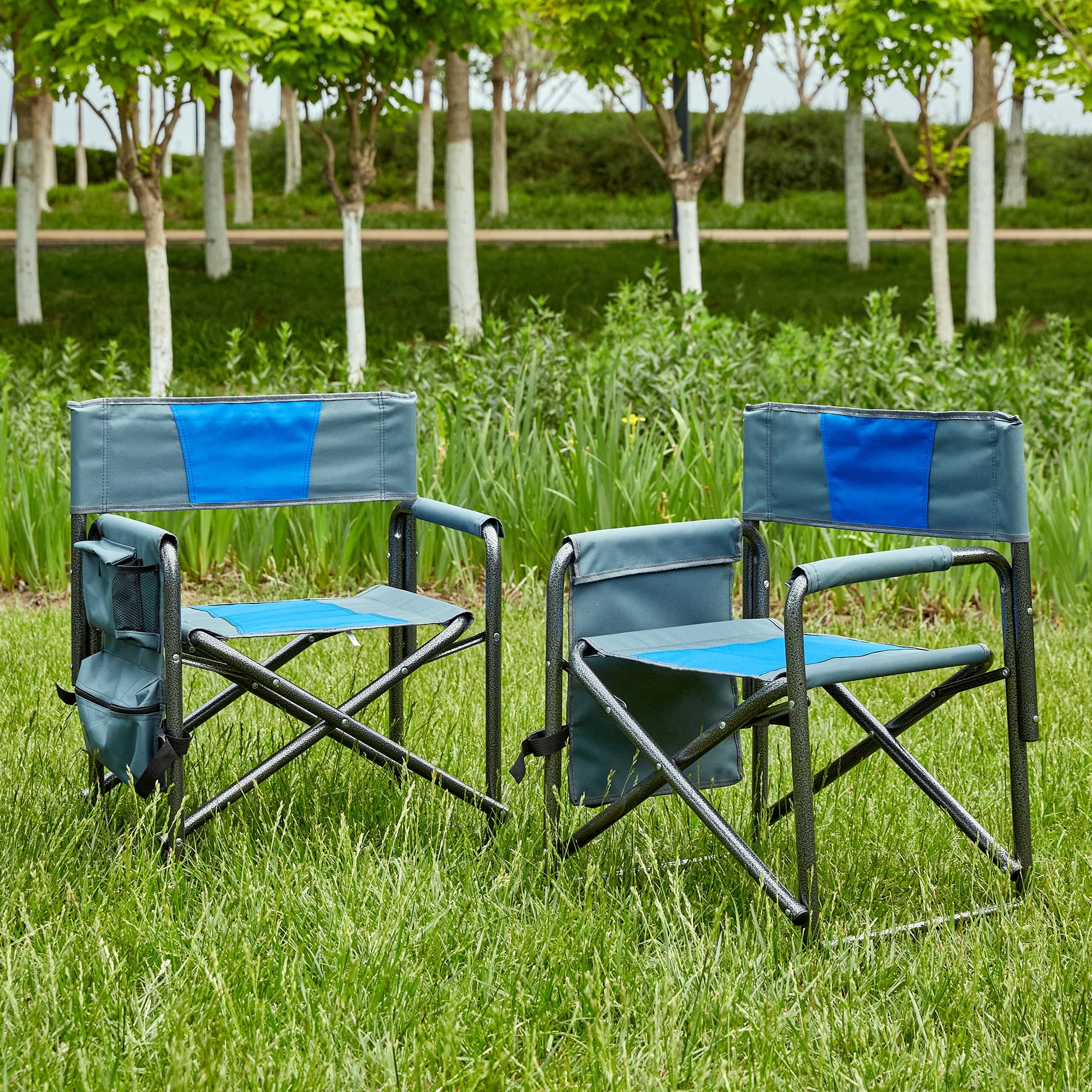 MAYEERTY 2PC Padded Folding Outdoor Chair with Side Table & Storage Pockets