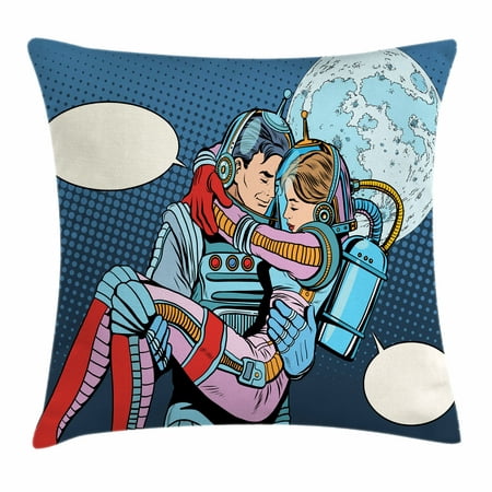 Romantic Throw Pillow Cushion Cover, Astronaut Couple in Love Valentines Day Celestial Sci Fi Comic Pop Art Marriage, Decorative Square Accent Pillow Case, 16 X 16 Inches, Multicolor, by