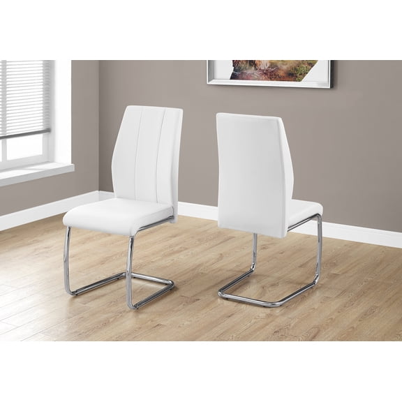 Set of 2 Modern White Faux Leather Upholstered Dining Chairs with Chrome Metal Base, 39" H, Contemporary Kitchen & Dining Room Furniture