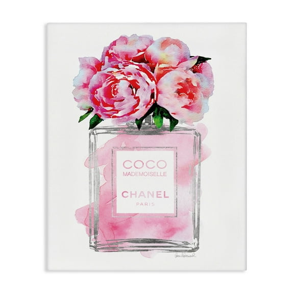 The Stupell Home Decor Collection Glam Perfume Bottle V2 Flower Silver Pink Peony XXL Stretched Canvas Wall Art