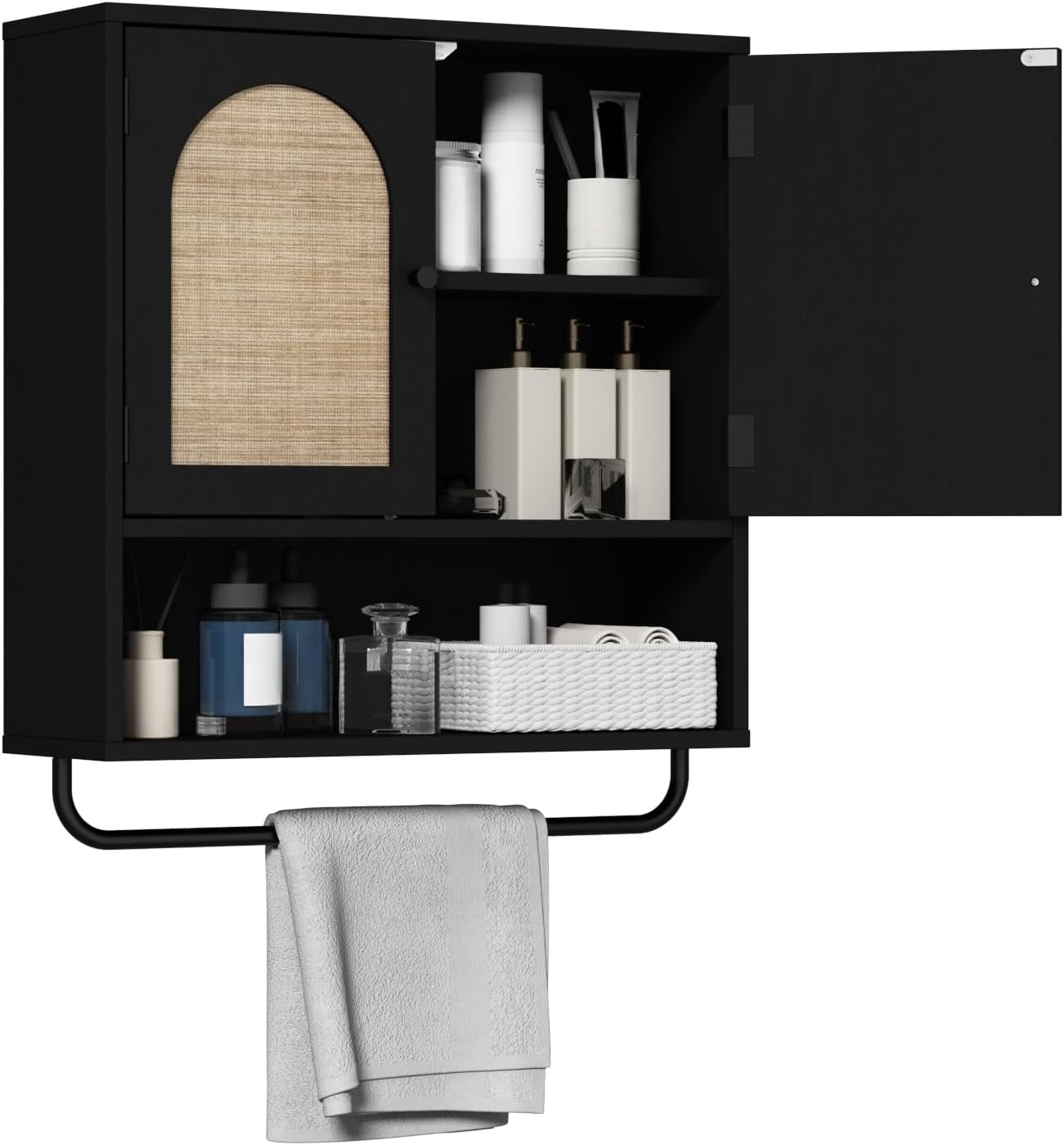 Rattan Bathroom Wall Cabinet,  Medicine Cabinet with 2 Arched Doors, Farmhouse Over The Toilet Storage Cabinets with Adjustable Shelves & Towel Bar, 3-Tier Wall Mounted Cabinets