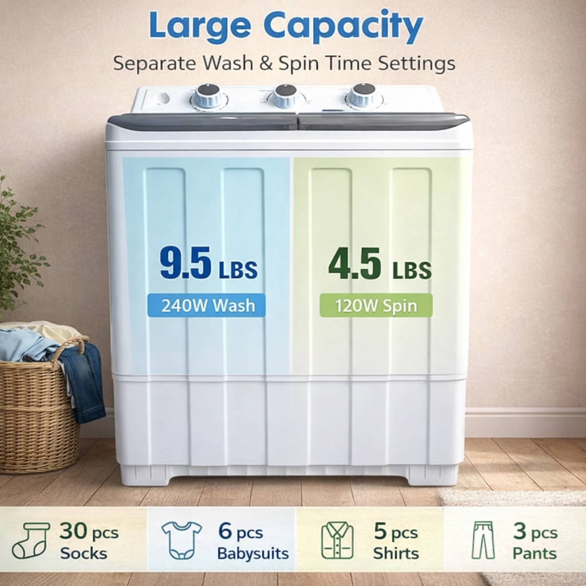 Portable Washing Machine, 14lbs Twin Tub Washer Mini Compact Laundry Machine with Drain Pump,Compact Washer for Home Dorm Apartment,Grey