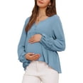 thumbnail image 4 of INSPIRE CHIC Womens Maternity Blouse High Low Tops V Neck Babydoll Button Long Sleeve Lantern Pleated Ruched Frill Pregnancy 2XL Blue, 4 of 6