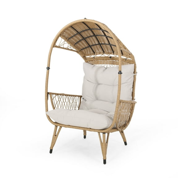 Primo Outdoor Wicker Standing Basket Chair with Cushion, Light Brown and Beige