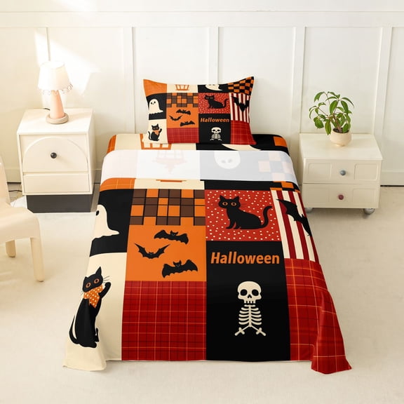 Manfei Retro Patchwork Halloween Print Twin Sheets for All, Black Orange Ghost Cat Bat Bedding, 3 Pieces, 1 Flat Sheet, 1 Fitted Sheet and 1 Pillowcase