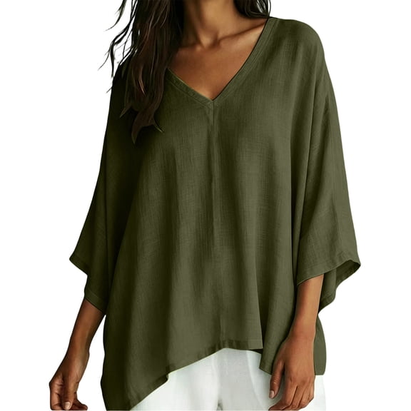 hoksml Women's V Neck Batwing 3/4 Sleeve Tunic Top, Irregular Hem Loose Fit Casual Blouse for Daily Vacation Beach Wear