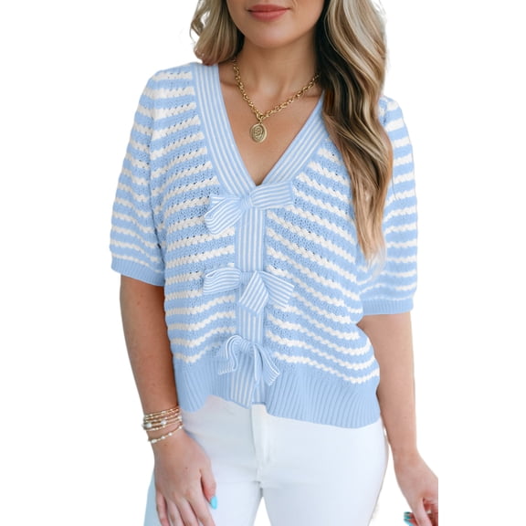 Women's Sky Blue Stripe Short Sleeve V Neck Bow Knot Sweater – Casual Summer Style, XL