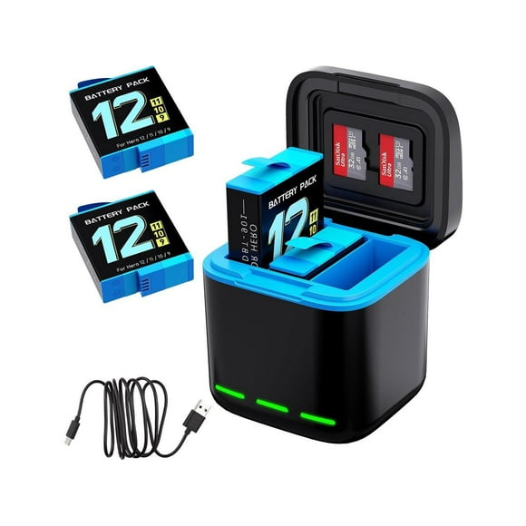 For Gopro Hero 12/11/10/9 Battery 2-Pack 1750mAh and USB Storage 3-Channel Fast Charger Fully Compatible with GoPro Hero 12, Hero 11, Hero 10, Hero 9 Black Official with Micro SD Card Slot