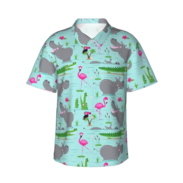 Balery Hippo With Flamingos And Crocodiles Camisas hawaianas de manga corta para hombre, camisas playeras de corte holgado, camisas de vacaciones con botones,3X-Large