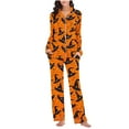 thumbnail image 4 of Halloween Pajamas Women 2 Piece Pant Sets Long Sleeve Button Up Shirt and Bottoms Pjs Outfits with Halloween Prints, L Style #H, 4 of 6