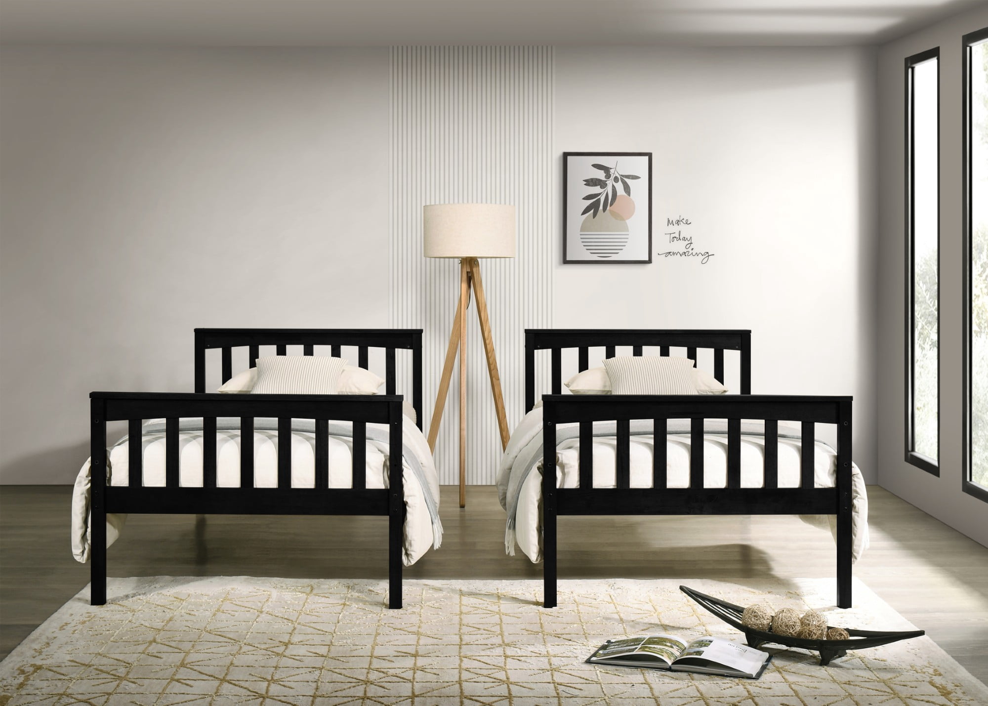 Home Design Ames Twin Over Twin Solid Wood Bunk Bed Frame, Convertible, Sturdy Guardrails, Black, Easy Assembly